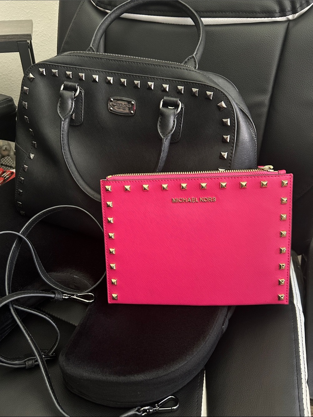 Michael Kors Sandrine Studded large Satchel w/pink wristlet